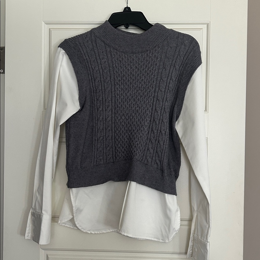 Gray Cable Knit Vest with White Shirt